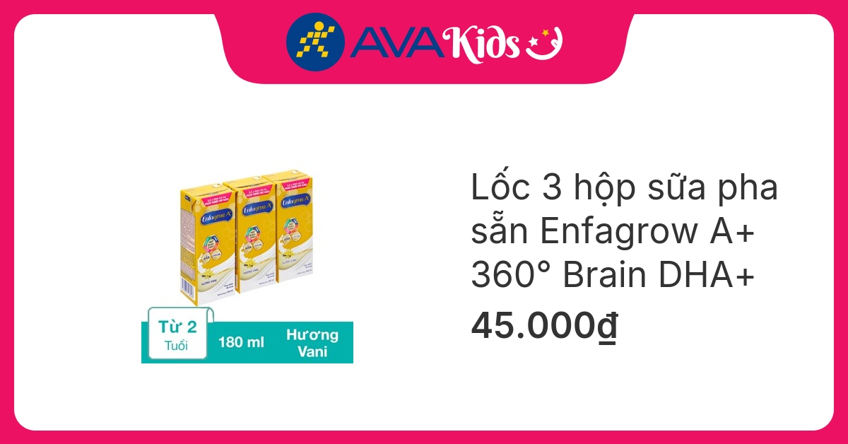 Lốc 3 hộp sữa pha sẵn Enfagrow A+ 360° Brain DHA+ hương vani 180 ml (từ 2 tuổi) hover