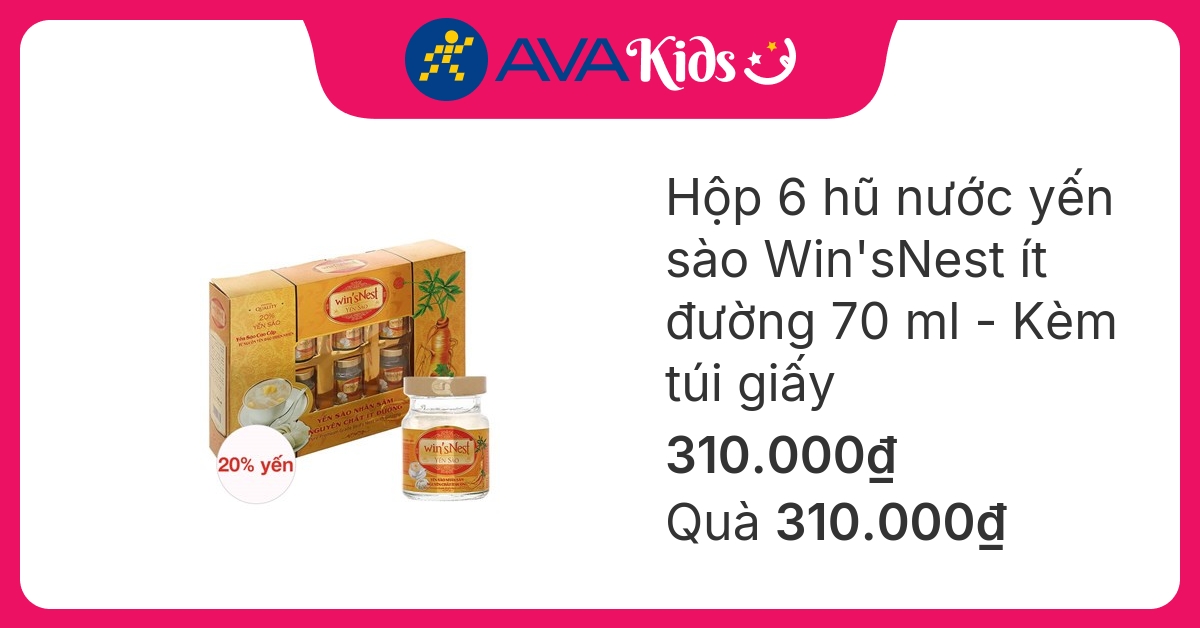 Hộp 6 hũ nước yến sào Win'sNest vị nhân sâm ít đường 70 ml (từ 3 tuổi) - Kèm túi giấy