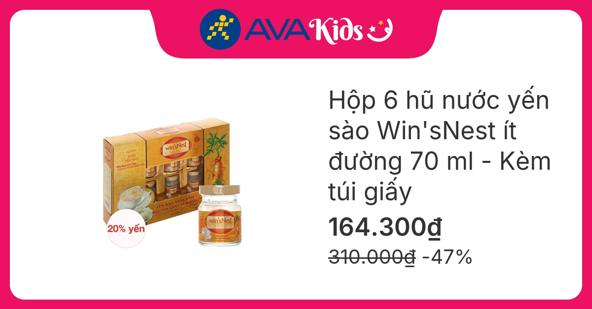 Hộp 6 hũ nước yến sào Win'sNest vị nhân sâm ít đường 70 ml (từ 3 tuổi) - Kèm túi giấy