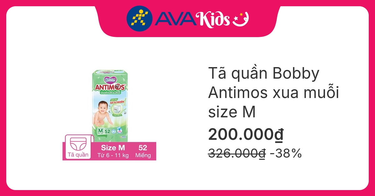 Tã quần Bobby Antimos xua muỗi size M 52 miếng (6 - 11 kg)