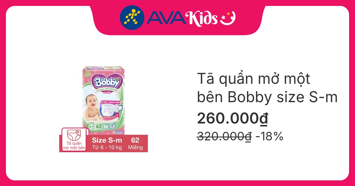 Tã quần mở một bên Bobby size S-m 62 miếng (6 - 10 kg)