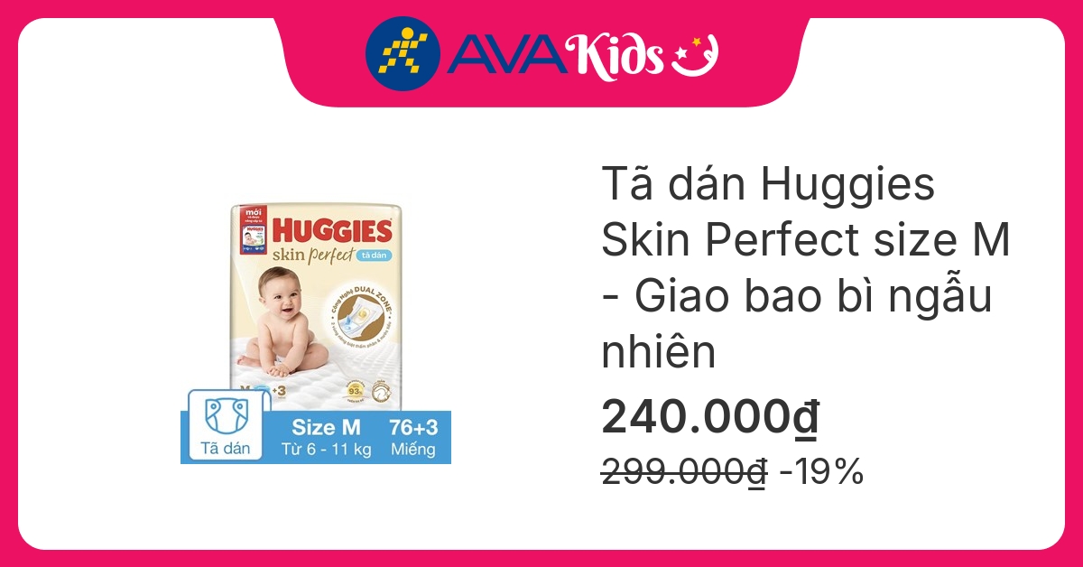 Tã dán Huggies Skin Perfect size M 76 + 3 miếng (6 - 11 kg) - Giao bao bì ngẫu nhiên