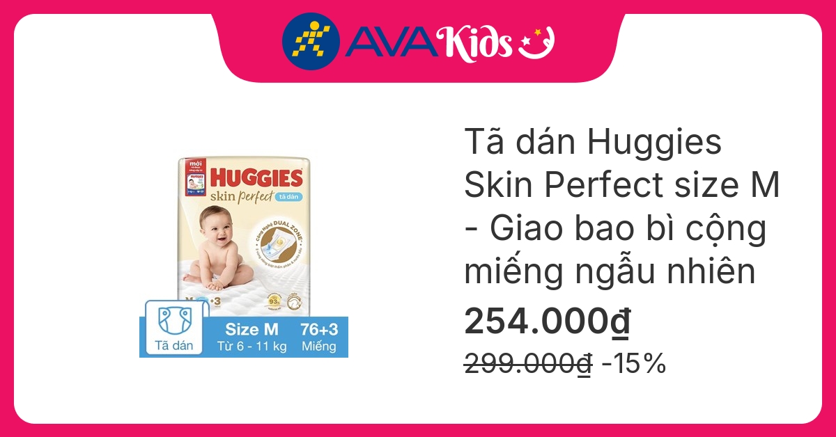 Tã dán Huggies Skin Perfect size M 76 + 3 miếng (6 - 11 kg) - Giao bao bì cộng miếng ngẫu nhiên
