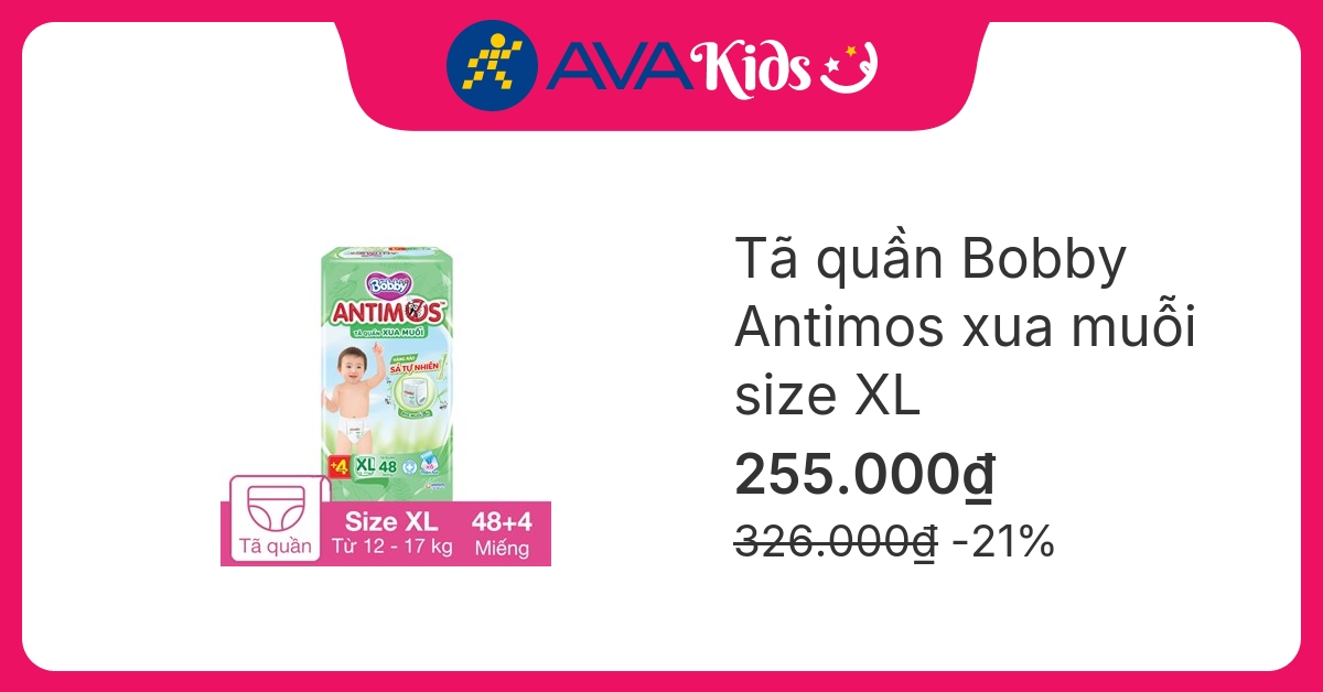 Tã quần Bobby Antimos xua muỗi size XL 48 + 4 miếng (12 - 17 kg)