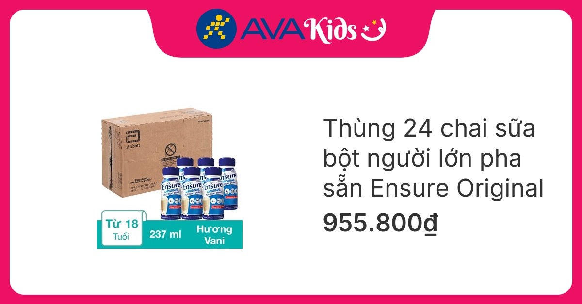 Thùng 24 chai sữa bột người lớn pha sẵn Ensure Original hương vani 237 ml