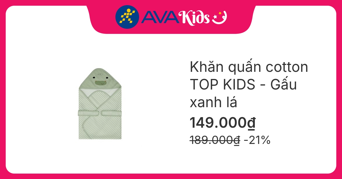 Khăn quấn cotton TOP KIDS 90x90 cm - Gấu xanh lá