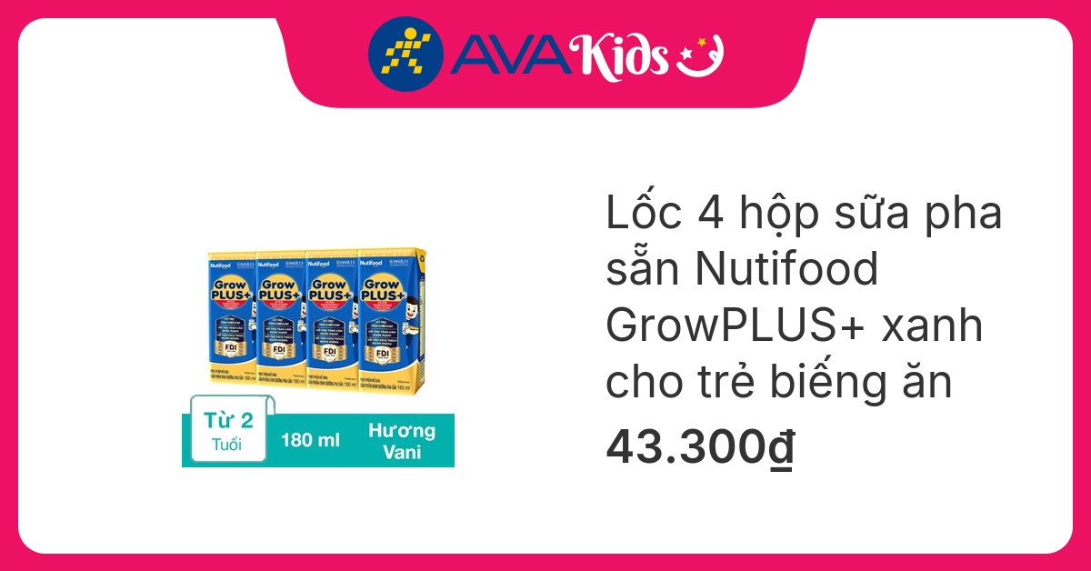 Lốc 4 hộp sữa pha sẵn Nutifood GrowPLUS+ xanh hương vani 180 ml cho trẻ biếng ăn (từ 1 tuổi) hover