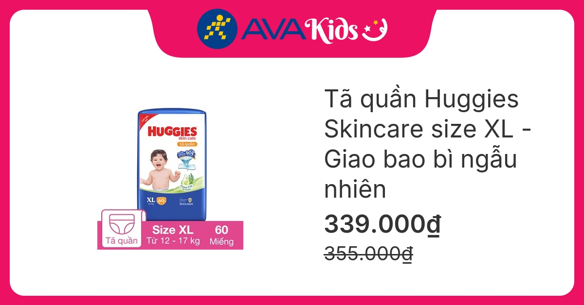 Tã quần Huggies Skincare cực đại size XL 60 miếng (12 - 17 kg) - Giao bao bì ngẫu nhiên