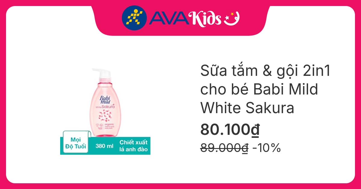 Sữa tắm & gội 2in1 cho bé Babi Mild White Sakura chiết xuất lá anh đào 380 ml (mọi độ tuổi)