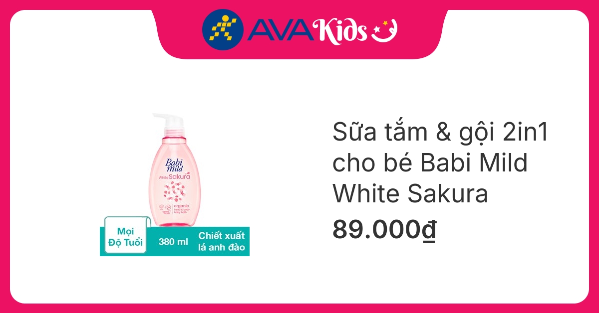 Sữa tắm & gội 2in1 cho bé Babi Mild White Sakura chiết xuất lá anh đào 380 ml (mọi độ tuổi)
