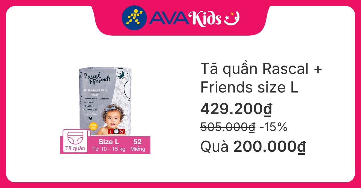 Tã quần Rascal + Friends size L 52 miếng (10 - 15 kg)