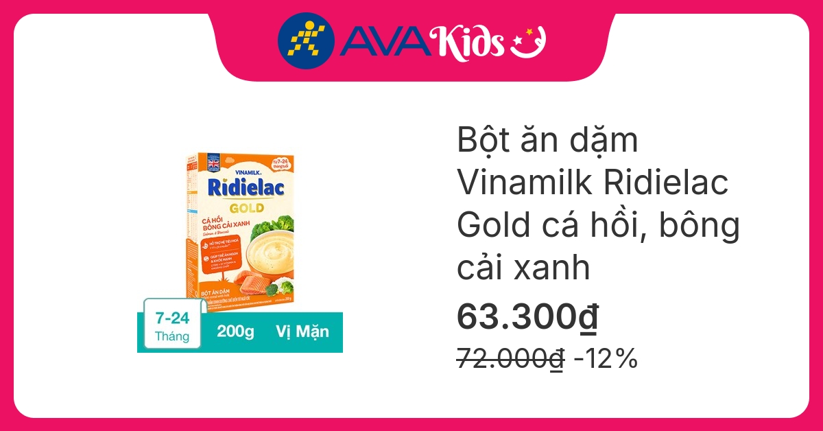 Bột ăn dặm Vinamilk RiDielac Gold cá hồi, bông cải xanh hộp 200g (7 – 24 tháng) hover