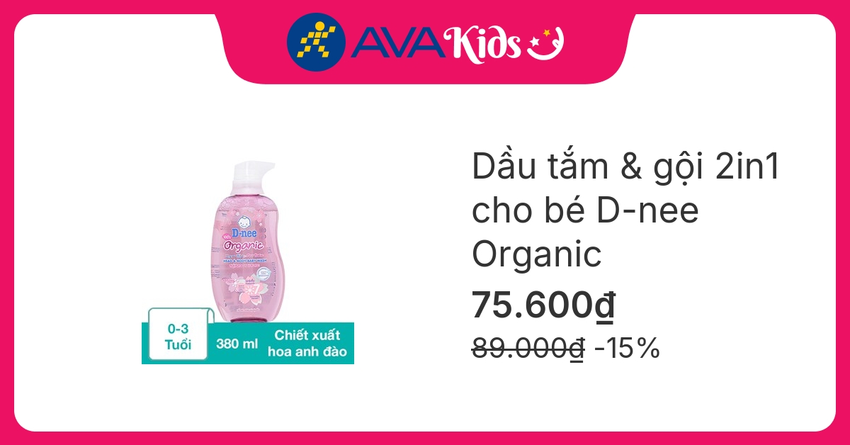 Dầu tắm & gội 2in1 cho bé D-nee Organic chiết xuất hoa anh đào 380 ml (0 - 3 tuổi)