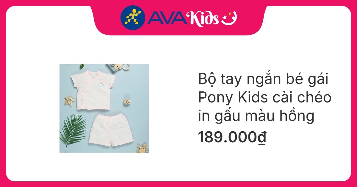 Bộ tay ngắn bé gái Pony Kids cài chéo in gấu màu hồng
