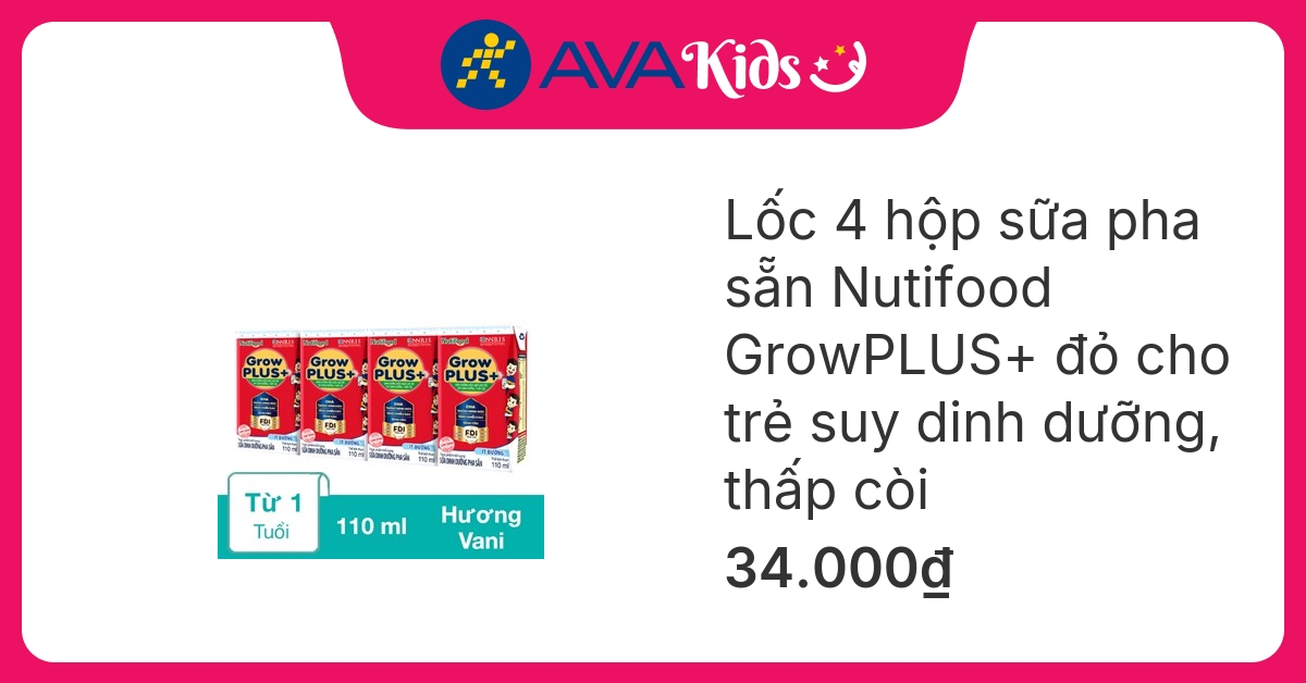 Lốc 4 hộp sữa pha sẵn Nutifood GrowPLUS+ đỏ ít đường hương vani 110 ml cho trẻ suy dinh dưỡng, thấp còi (từ 1 tuổi) hover