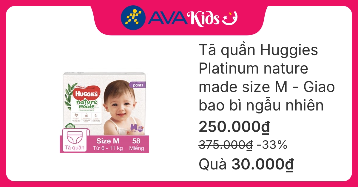 Tã quần Huggies Platinum nature made siêu cao cấp size M 58 miếng (6 - 11 kg) - Giao bao bì ngẫu nhiên