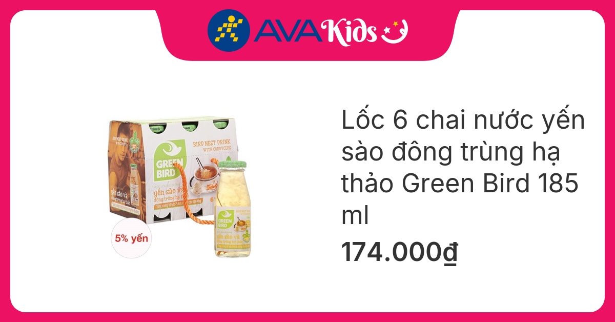 Lốc 6 chai nước yến sào đông trùng hạ thảo Green Bird 185 ml (từ 18 tuổi)