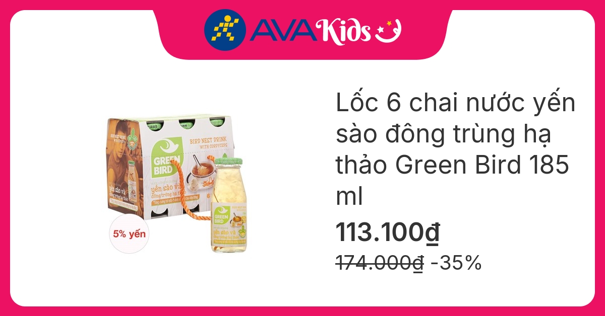 Lốc 6 chai nước yến sào đông trùng hạ thảo Green Bird 185 ml (từ 18 tuổi)