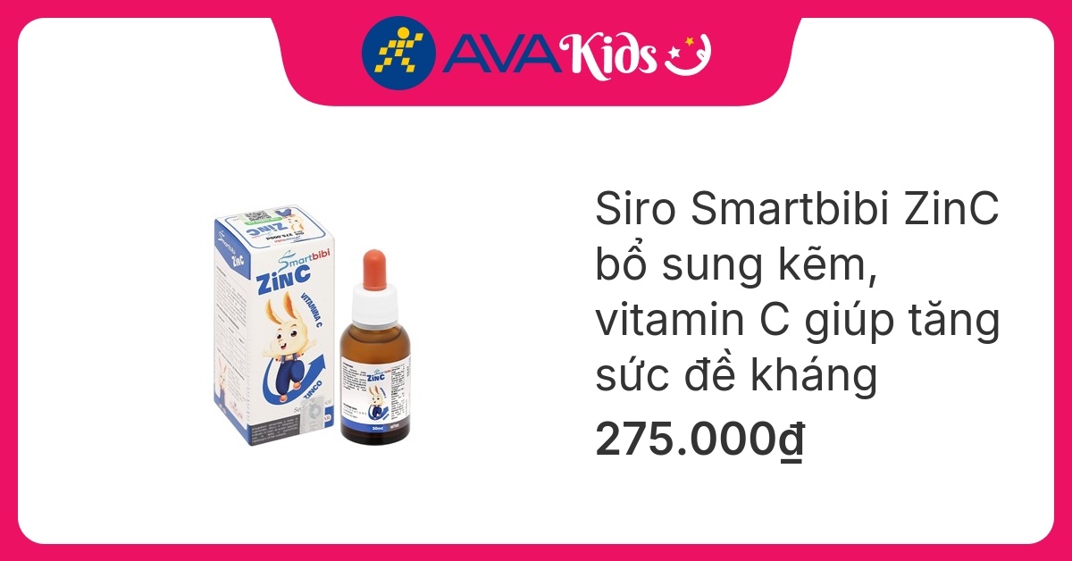 Siro Smartbibi ZinC bổ sung kẽm, vitamin C giúp tăng sức đề kháng hương cam, 30 ml dạng uống (từ 0 tháng)