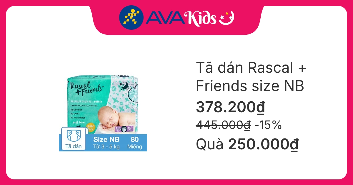 Tã dán Rascal + Friends size NB 80 miếng (3 - 5 kg)