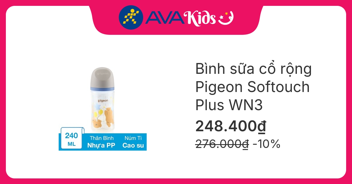 Bình sữa nhựa PP Pigeon Softouch Plus WN3 cổ rộng 240 ml - Hình gấu (từ 3 tháng)