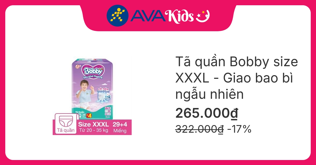 Tã quần Bobby size XXXL 29 + 4 miếng (20 - 35 kg) - Giao bao bì ngẫu nhiên