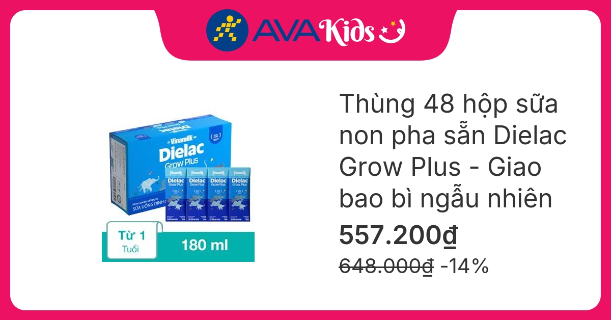 Thùng 48 hộp sữa non pha sẵn Dielac Grow Plus 180 ml (từ 1 tuổi) - Giao bao bì ngẫu nhiên