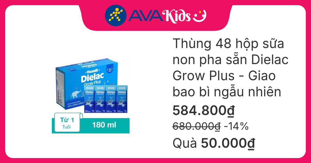 Thùng 48 hộp sữa non pha sẵn Dielac Grow Plus 180 ml (từ 1 tuổi) - Giao bao bì ngẫu nhiên
