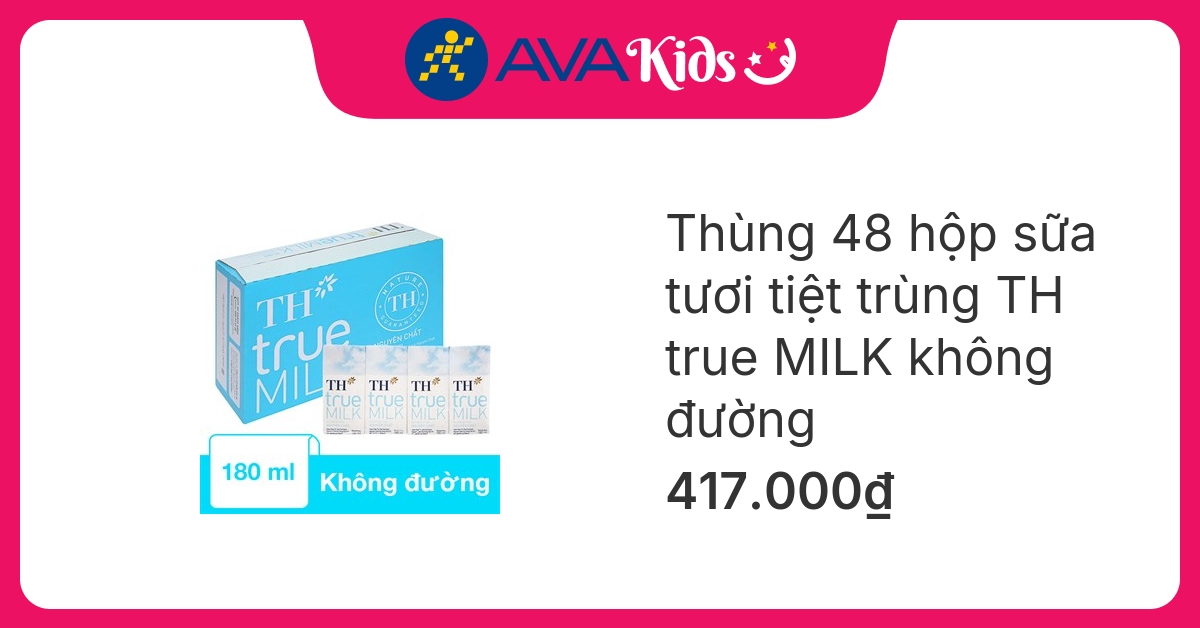 Thùng 48 hộp sữa tươi tiệt trùng TH true MILK không đường 180 ml (từ 1 tuổi)