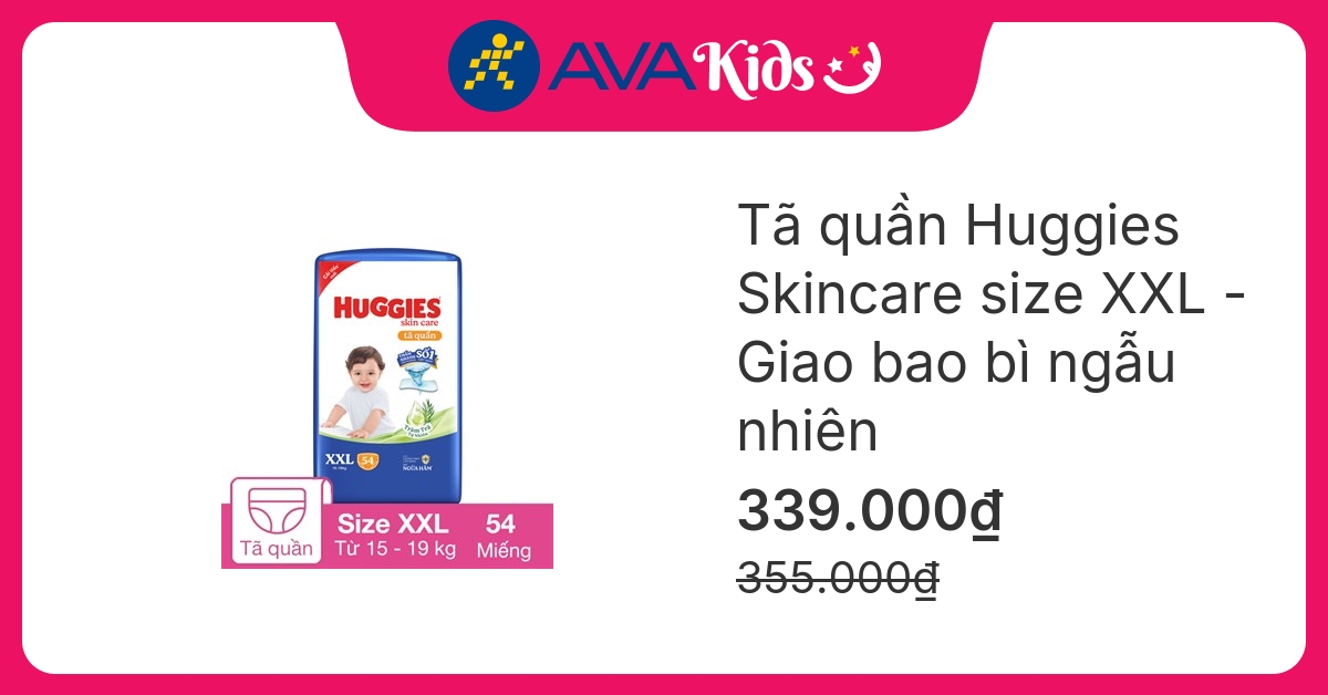 Tã quần Huggies Skincare cực đại size XXL 54 miếng (15 - 19 kg) - Giao bao bì ngẫu nhiên