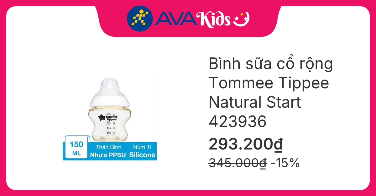 Bình sữa nhựa PPSU Tommee Tippee Natural Start 423936 cổ rộng 150 ml (0 - 3 tháng)