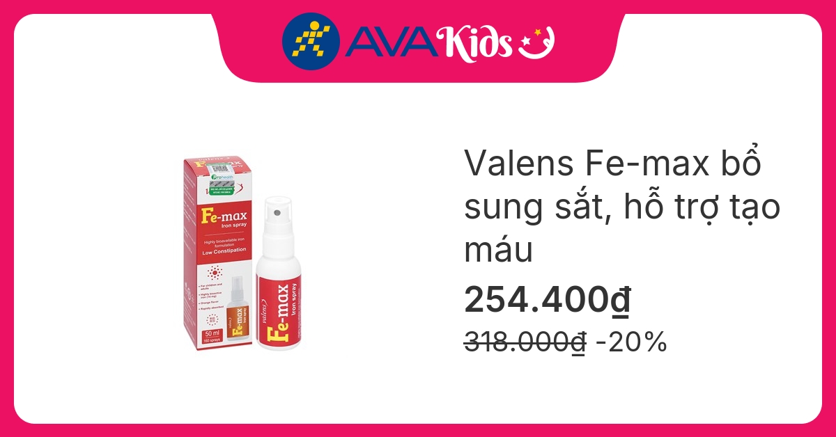 Valens Fe-max bổ sung sắt, hỗ trợ tạo máu hương cam, 50 ml dạng xịt (từ 0 tháng)