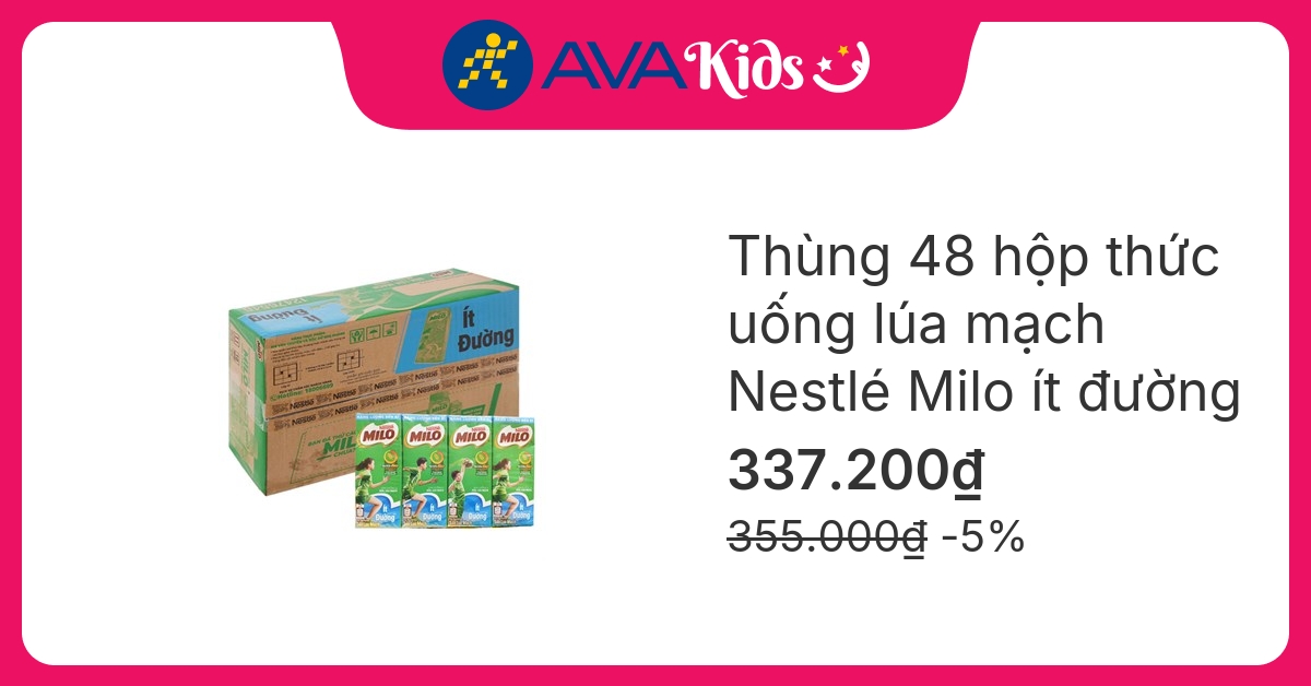 Thùng 48 hộp thức uống lúa mạch Nestlé Milo ít đường 180 ml (từ 2 tuổi)