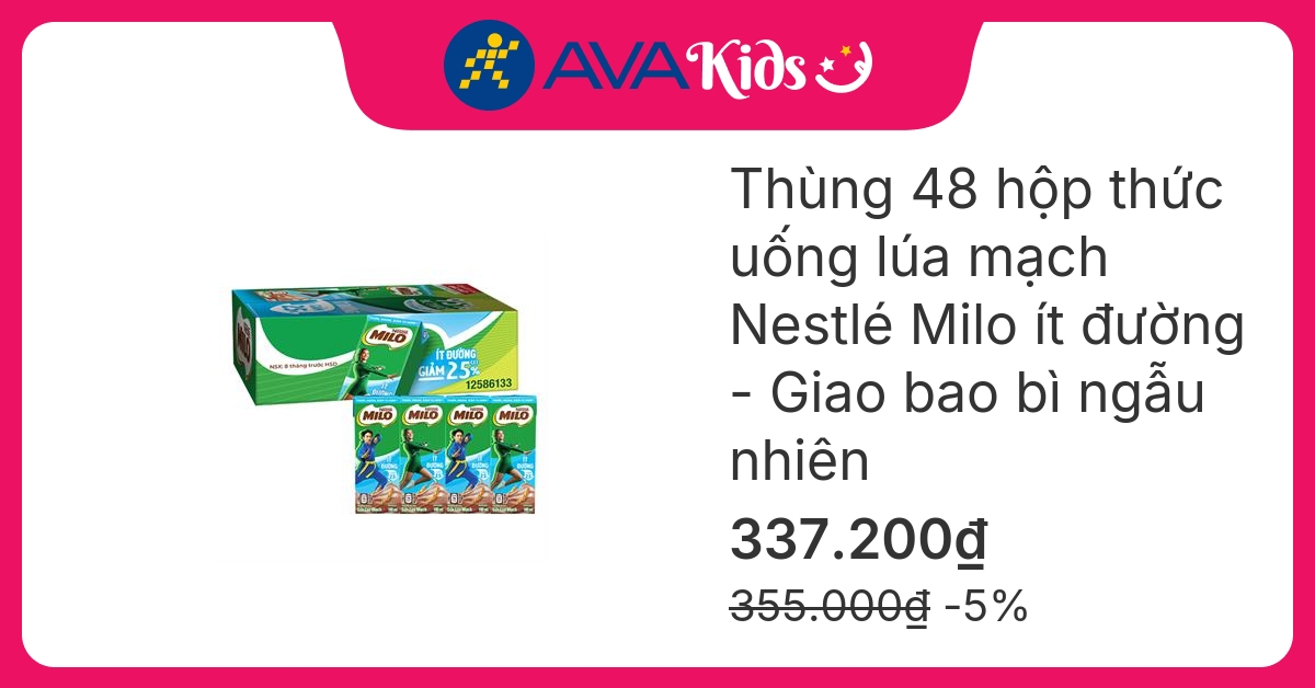 Thùng 48 hộp thức uống lúa mạch Nestlé Milo ít đường 180 ml (từ 2 tuổi) - Giao bao bì ngẫu nhiên