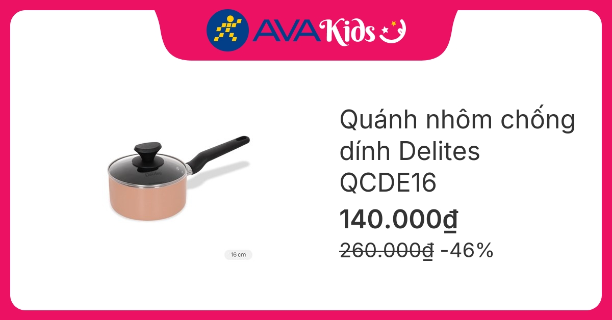 Quánh nhôm chống dính nắp kính 16 cm Delites QCDE16