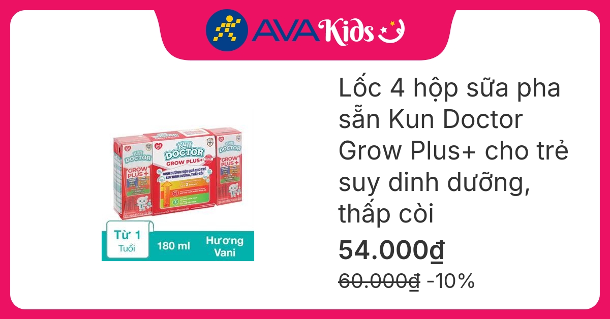 Lốc 4 hộp sữa pha sẵn Kun Doctor Grow Plus+ hương vani 180 ml cho trẻ suy dinh dưỡng, thấp còi (từ 1 tuổi)