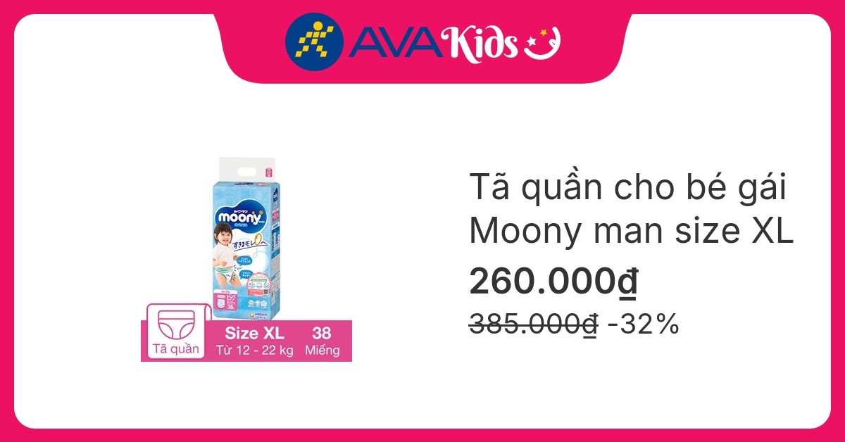 Tã quần cho bé gái Moony man size XL 38 miếng (12 - 22 kg)