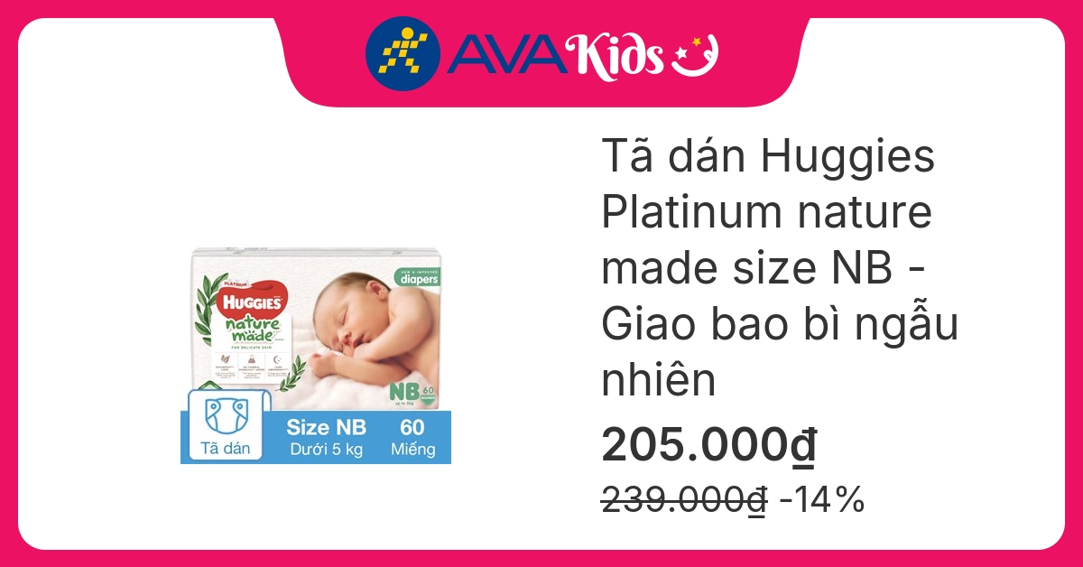 Tã dán Huggies Platinum nature made siêu cao cấp size NB 60 miếng (Dưới 5 kg) - Giao bao bì ngẫu nhiên