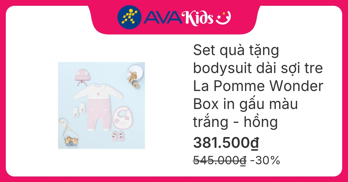 Set quà tặng bodysuit in gấu La Pomme Wonder Box màu trắng - hồng