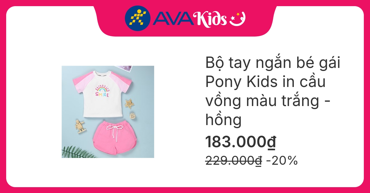 Bộ tay ngắn bé gái Pony Kids in cầu vồng màu trắng - hồng