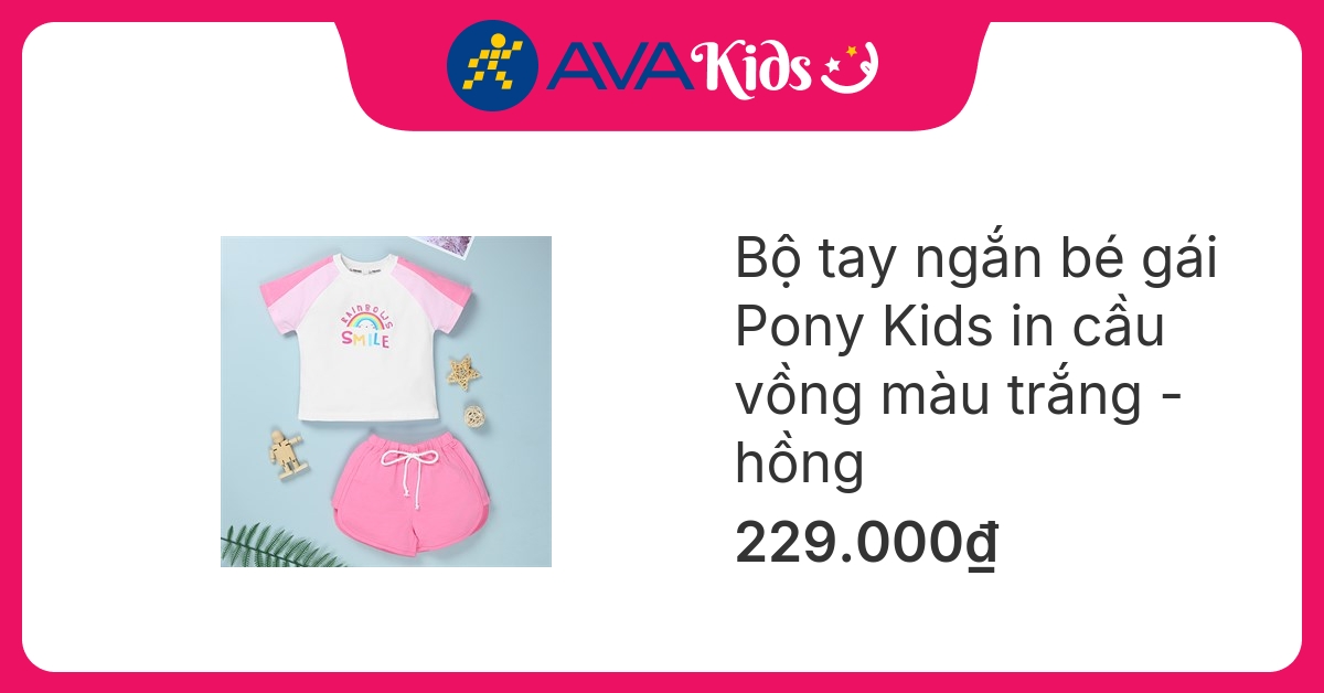 Bộ tay ngắn bé gái Pony Kids in cầu vồng màu trắng - hồng