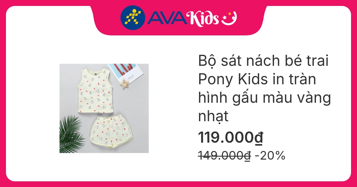 Bộ sát nách bé trai Pony Kids in tràn hình gấu màu vàng nhạt