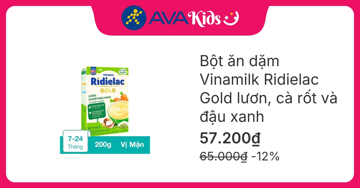 Bột ăn dặm Vinamilk RiDielac Gold lươn, cà rốt và đậu xanh hộp 200g (7 – 24 tháng) hover