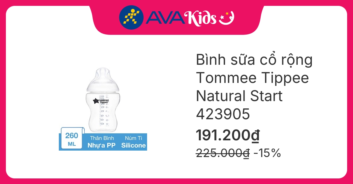 Bình sữa nhựa PP Tommee Tippee Natural Start 423905 cổ rộng 260 ml (3 - 6 tháng)