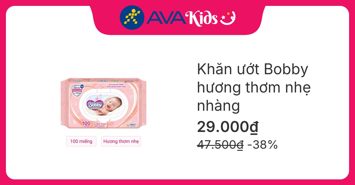 Khăn ướt Bobby dịu nhẹ cho da nhạy cảm hương thơm nhẹ nhàng gói 100 miếng