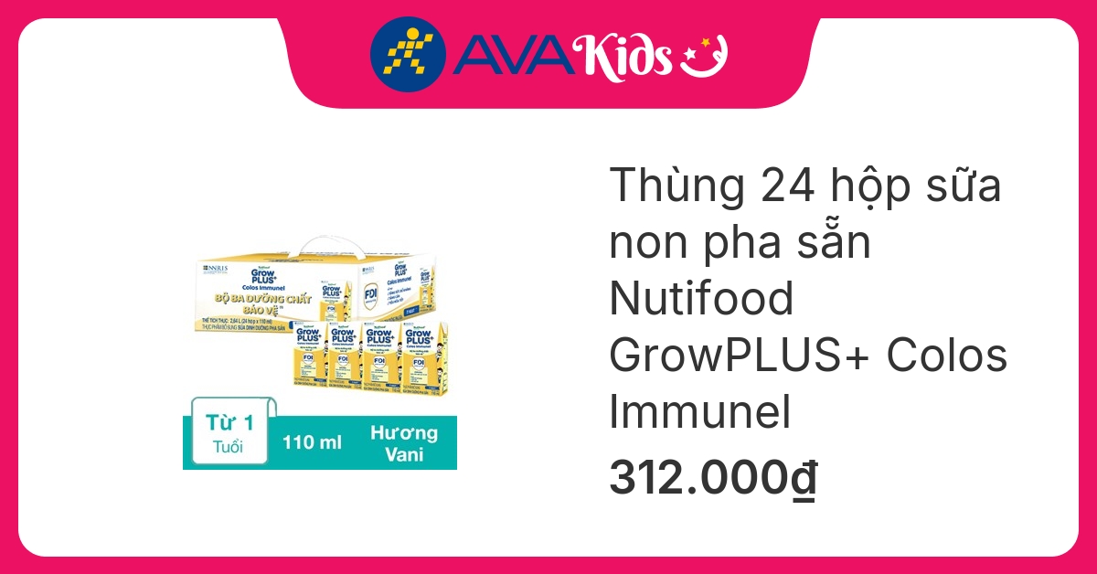 Thùng 24 hộp sữa non pha sẵn Nutifood GrowPLUS+ Colos Immunel hương vani 110 ml (từ 1 tuổi)