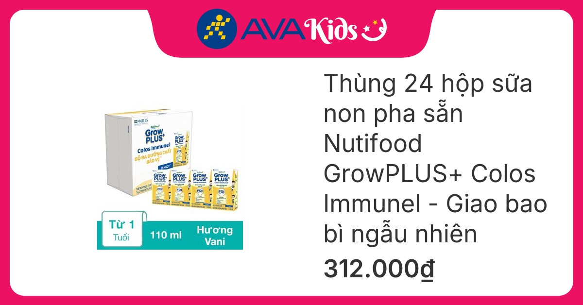 Thùng 24 hộp sữa non pha sẵn Nutifood GrowPLUS+ Colos Immunel hương vani 110 ml (từ 1 tuổi) - Giao bao bì ngẫu nhiên