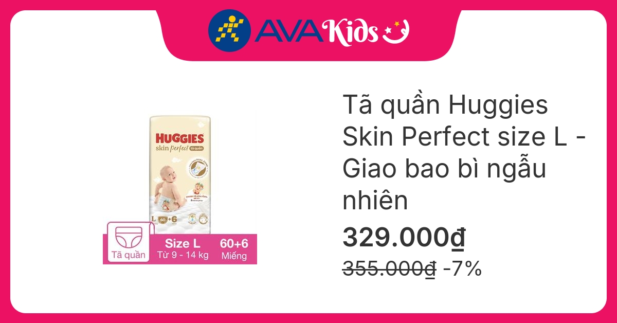 Tã quần Huggies Skin Perfect size L 60 + 6 miếng (9 - 14 kg) - Giao bao bì ngẫu nhiên