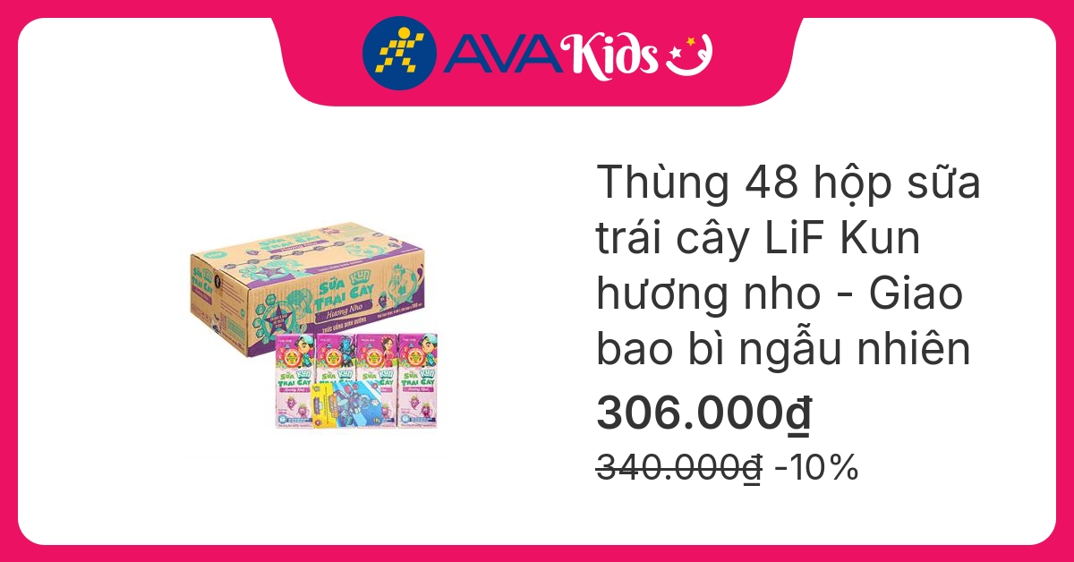 Thùng 48 hộp sữa trái cây LiF Kun hương nho 180 ml (từ 2 tuổi) - Giao bao bì ngẫu nhiên