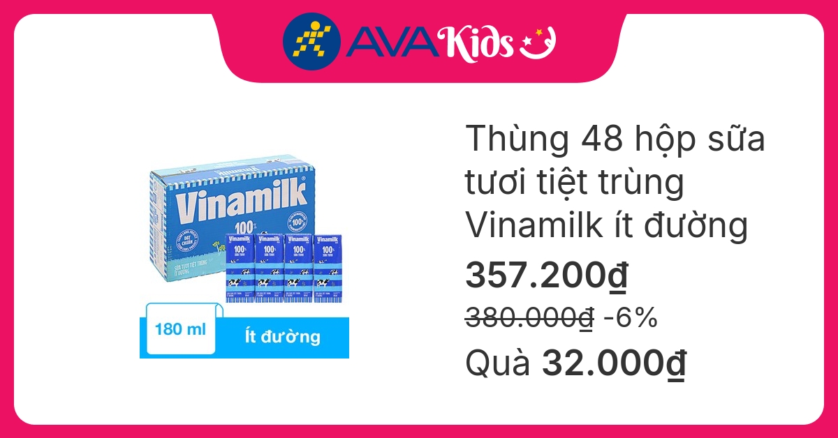 Thùng 48 hộp sữa tươi tiệt trùng Vinamilk ít đường 180 ml (từ 1 tuổi)